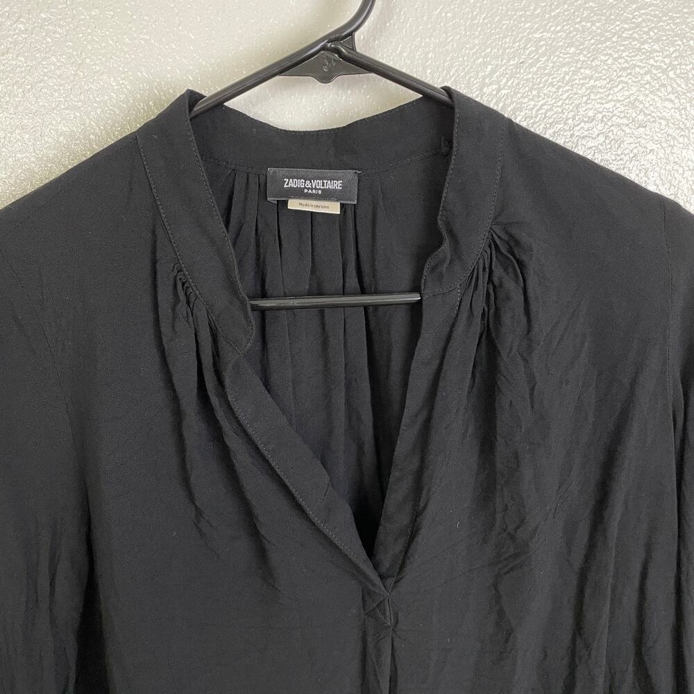 Zadig & Voltaire Tink Top Womens XS Black V Neck Blouse Long Sleeve Pleat Career - Picture 3 of 11
